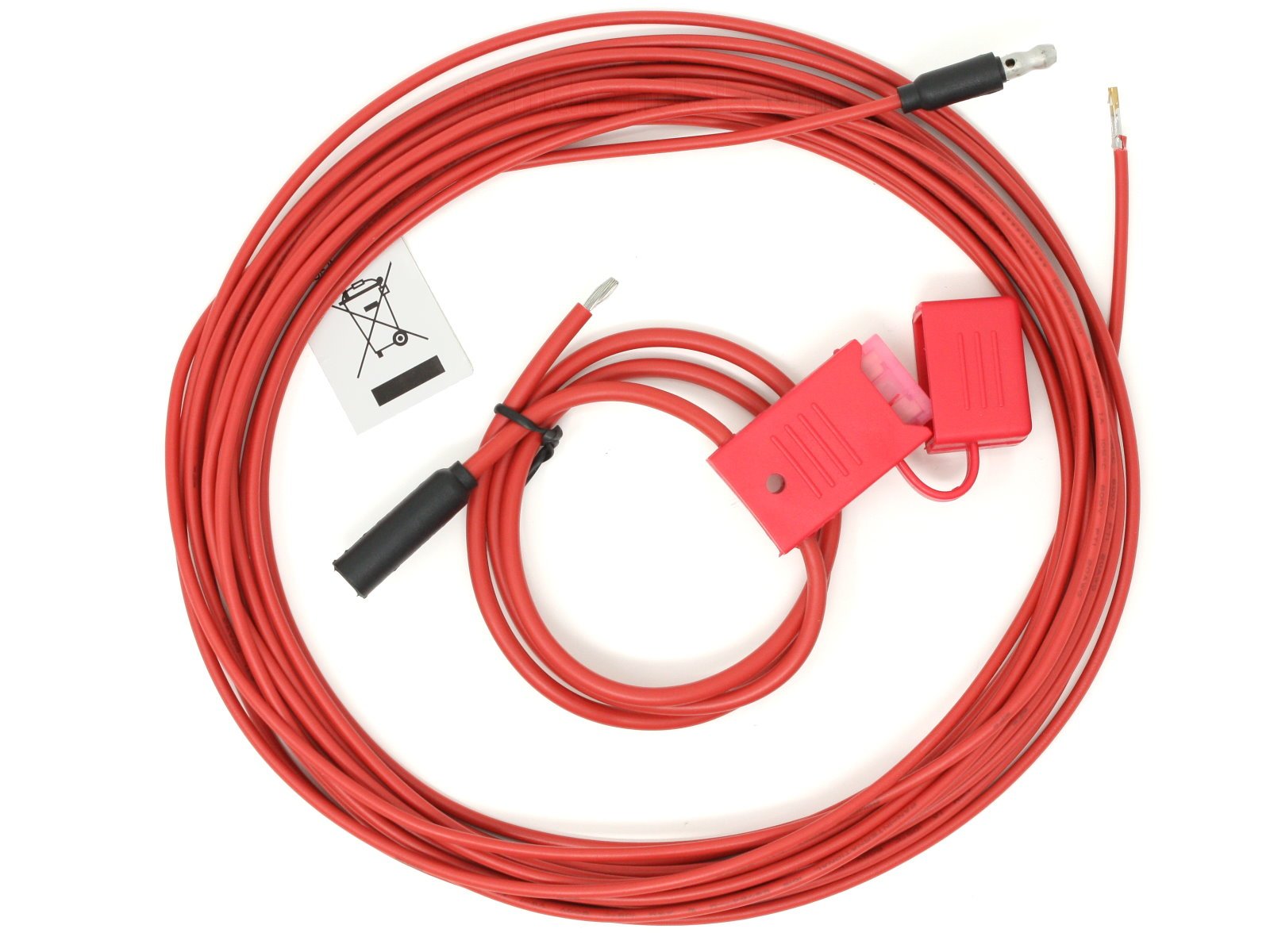 Rotes Kabel mit Klemmen und Warnsymbol.
