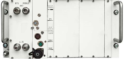 Metal device with handles and connectors for BTS, mobile, and power.