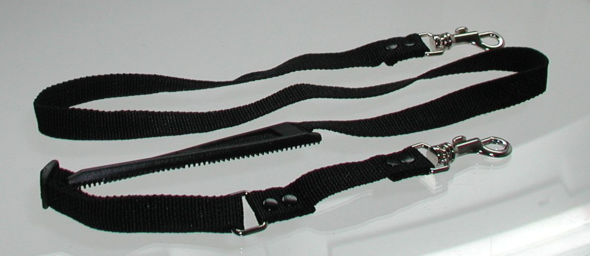 Two black dog leashes with metal clips on a white background.