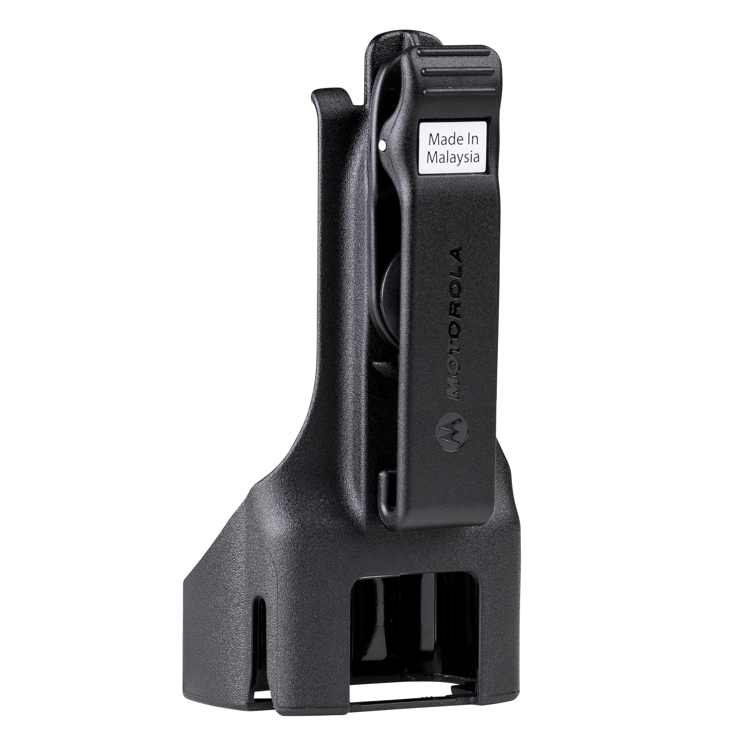 Schwarzer Gürtelclip mit Motorola-Schriftzug, Aufschrift: Made in Malaysia.
