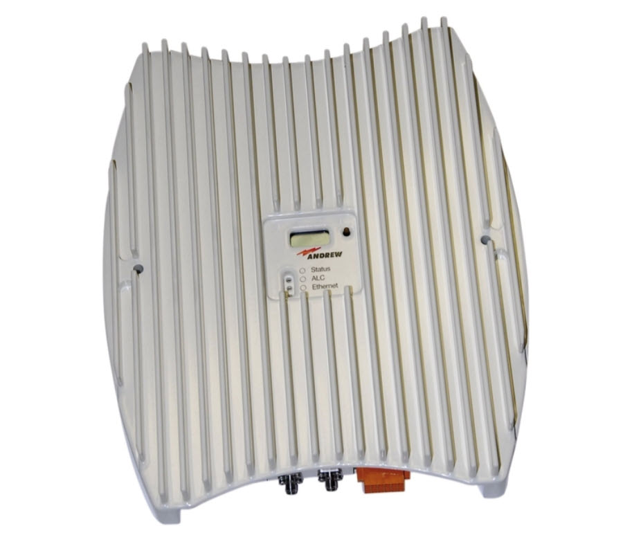 7000-00117900_com_01.jpg White radio device with ribbed design and ports on the bottom.