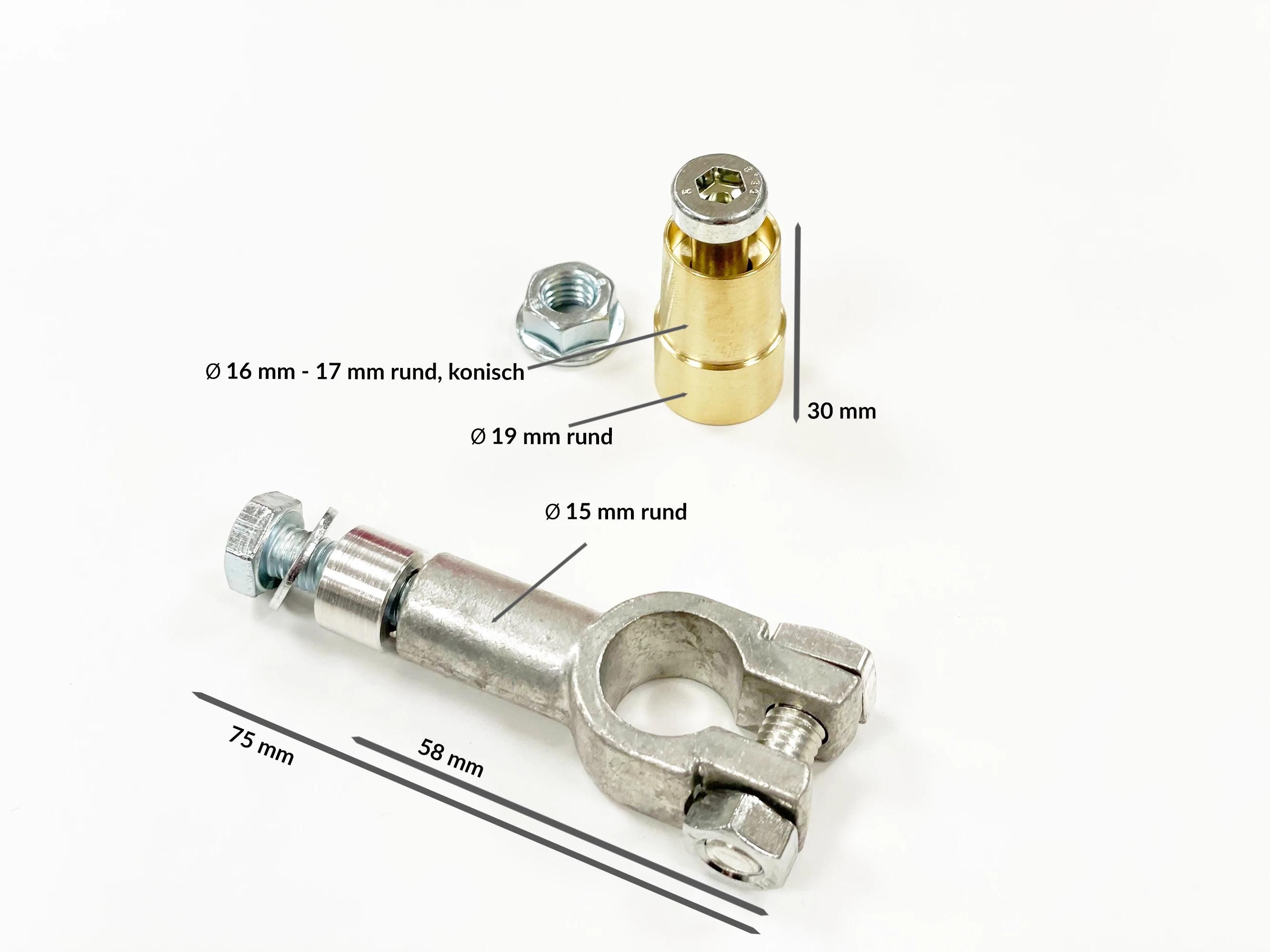 Metal parts with measurements and labels Ø16-17mm, Ø19mm, Ø15mm, 75mm, 58mm, 30mm.