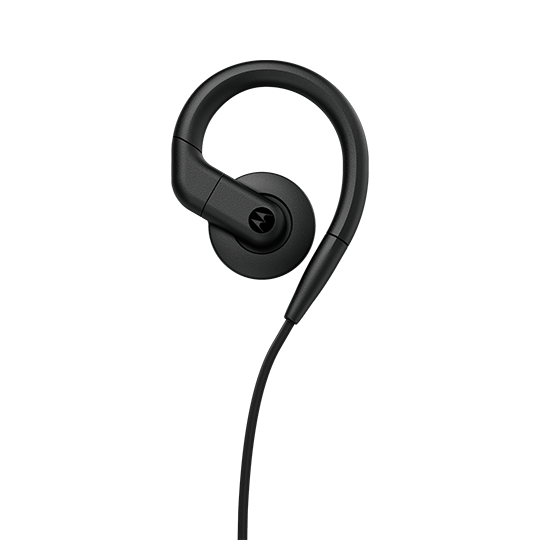 Black wired earbud with ear hook.