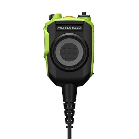 Wired handheld microphone, green-black, Motorola brand.