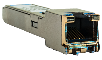 Metal SFP transceiver for data transmission in network equipment.