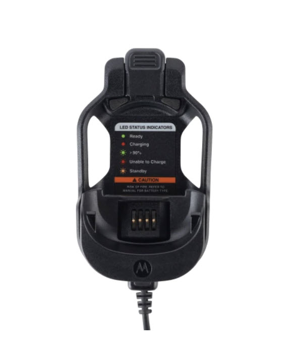 Black-grey charging dock with LED status indicators.