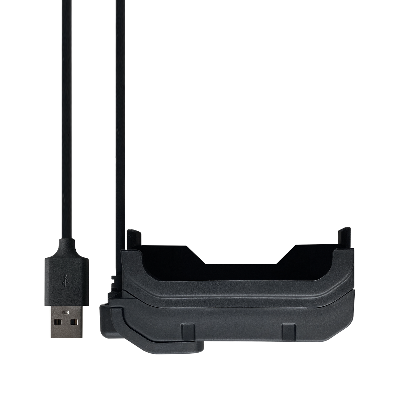 Schwarzes USB-Kabel mit Steckverbindung an einer Basisstation.