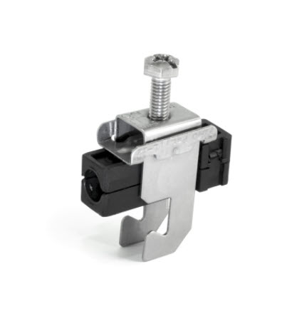 Montageclip mit Schraubenhalterung aus Metall und Kunststoff.