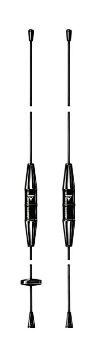 Two black, vertical rods with conical ends, widened in the middle.