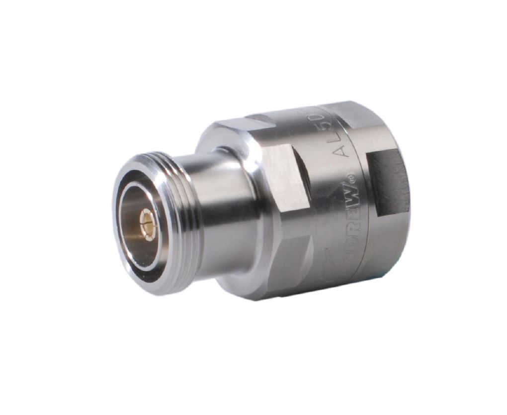 Metallischer Koaxialstecker mit Gewinde und Isolator.