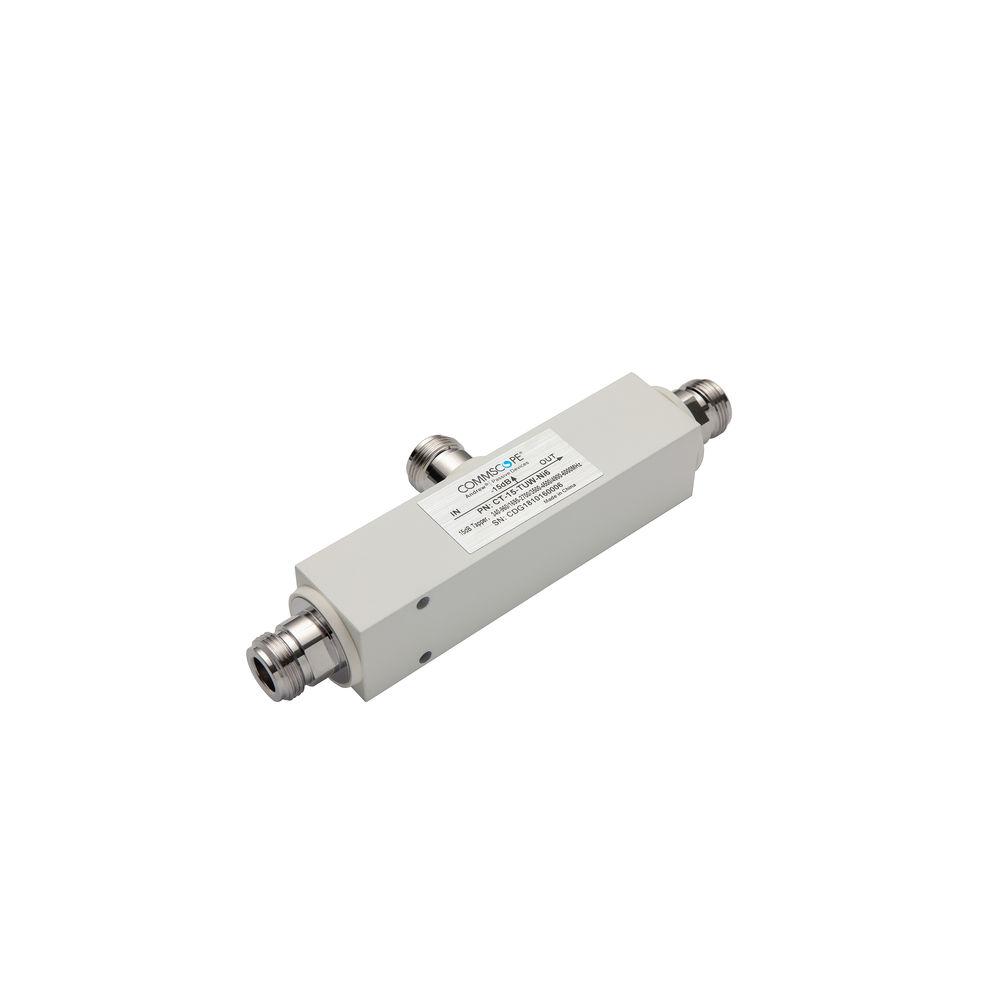 White coaxial coupler with two connectors and product label.