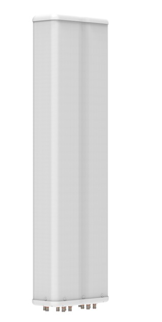 Weiße rechteckige Antenne mit Anschlüssen an der Unterseite.