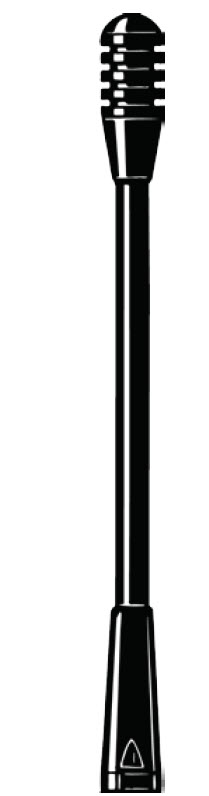 Black, long microphone with a grooved head and smooth handle.