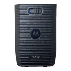 Black Motorola TLK 100 two-way radio, vertical grooves, volume button on top.