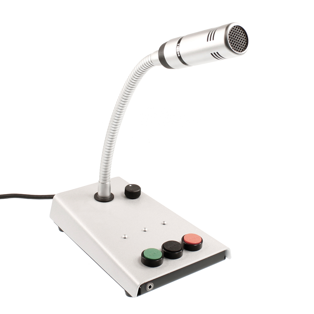 Compact desktop microphone with flexible gooseneck and colored buttons on the base.