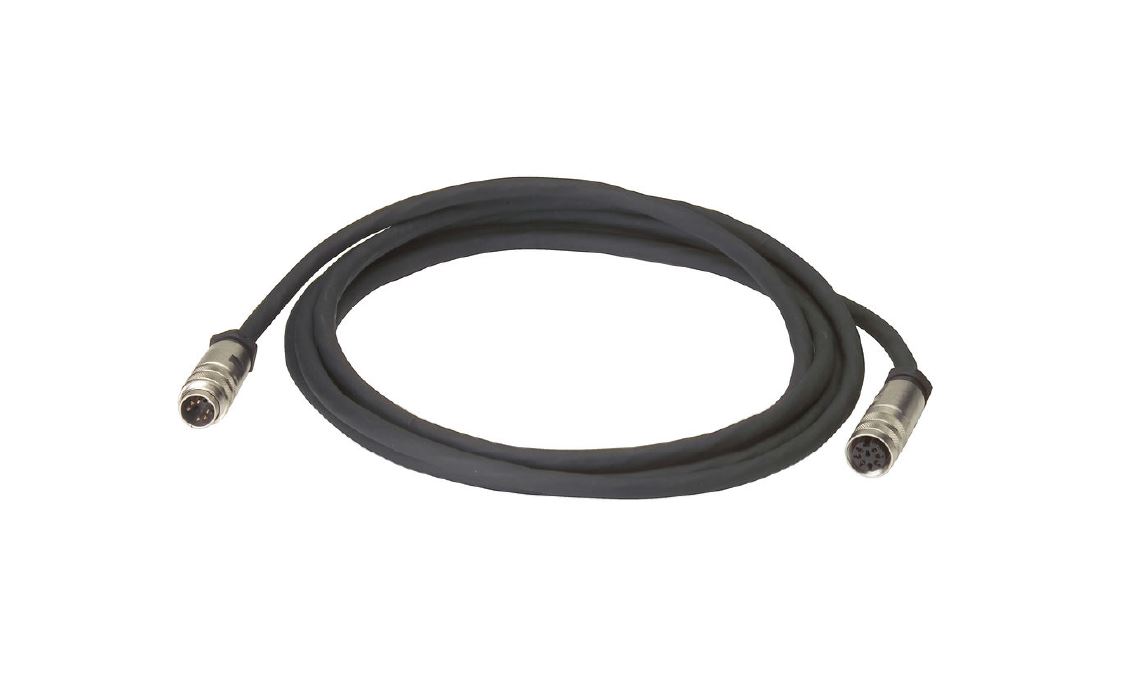 Schwarzes Kabel mit zwei runden Steckern, eines männlich, eines weiblich.
