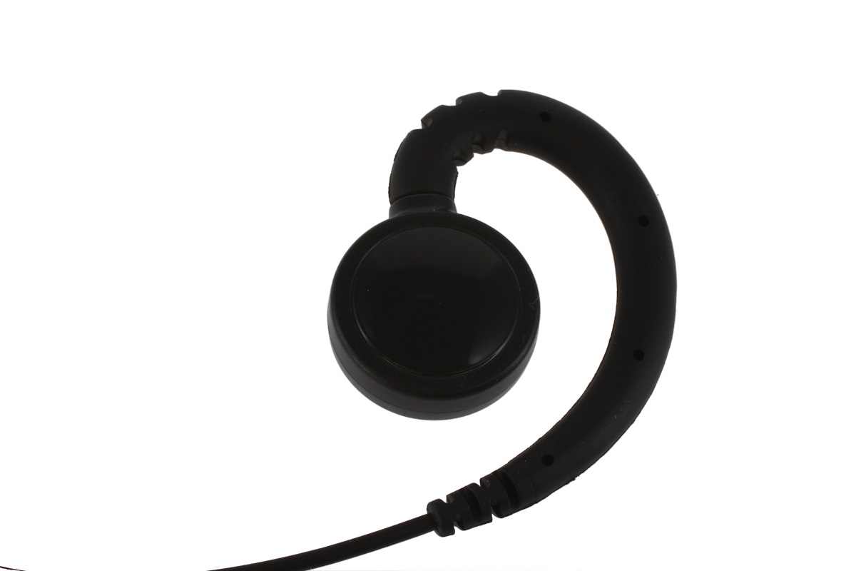 Black earphone with curved design and cable connection.