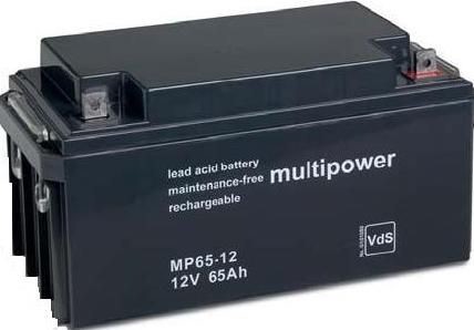 Schwarze 12V Blei-Säure-Batterie mit 65Ah Kapazität, wartungsfrei.