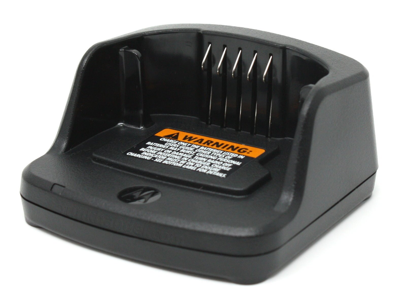 Black battery charging station with warning label on the front.