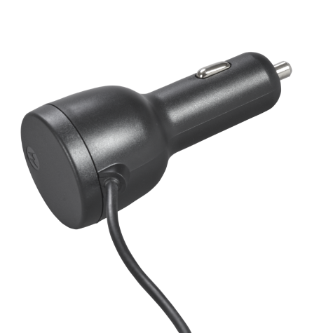 Black car charger, cylindrical shape, cable attached.
