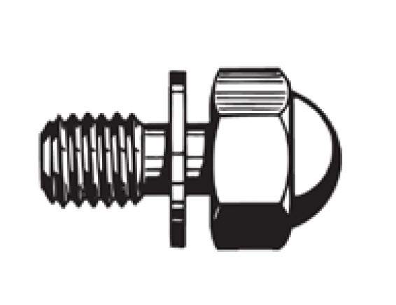 Screw with nut and washer, dome-shaped screw head.