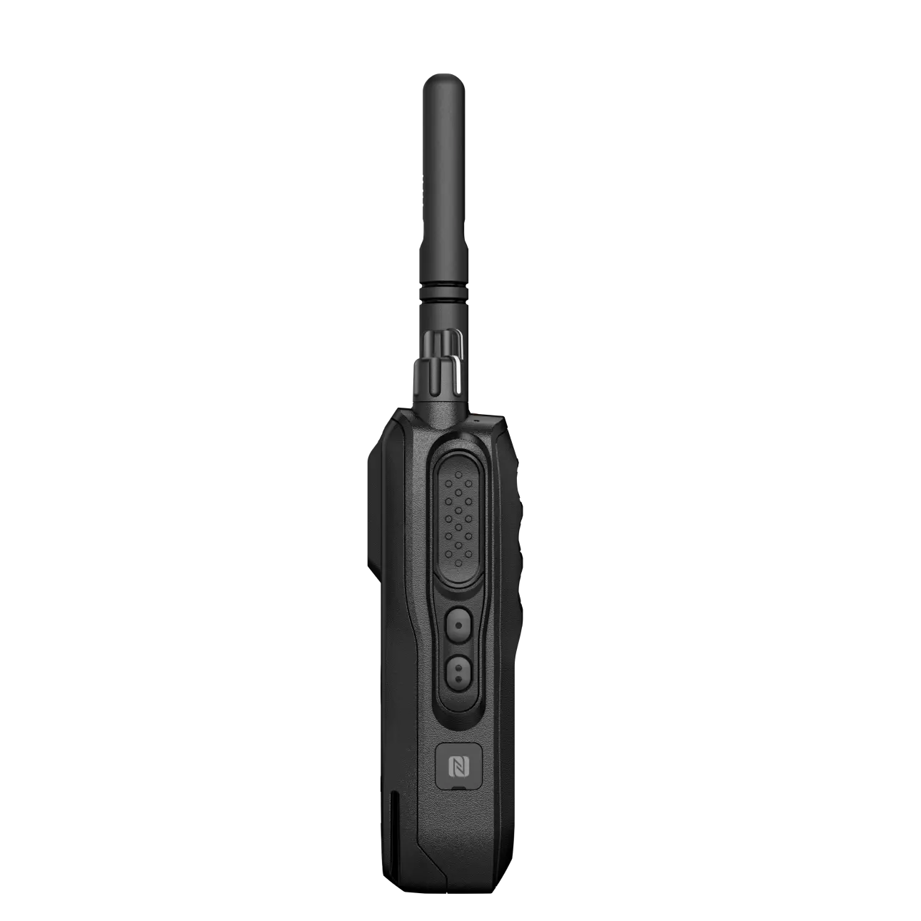 Black walkie-talkie with antenna and side buttons.