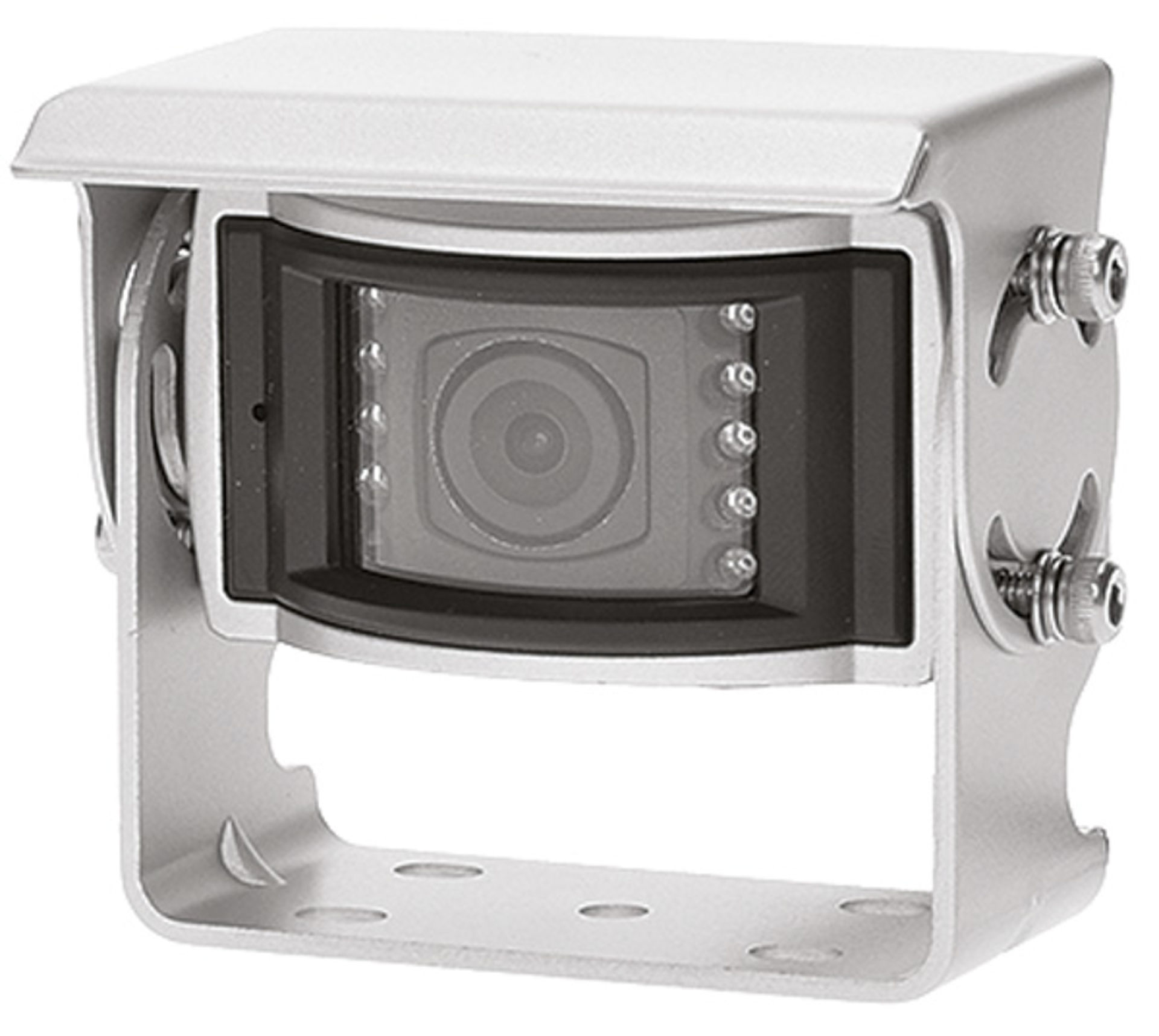 Silver rear-view camera with night vision LEDs.
