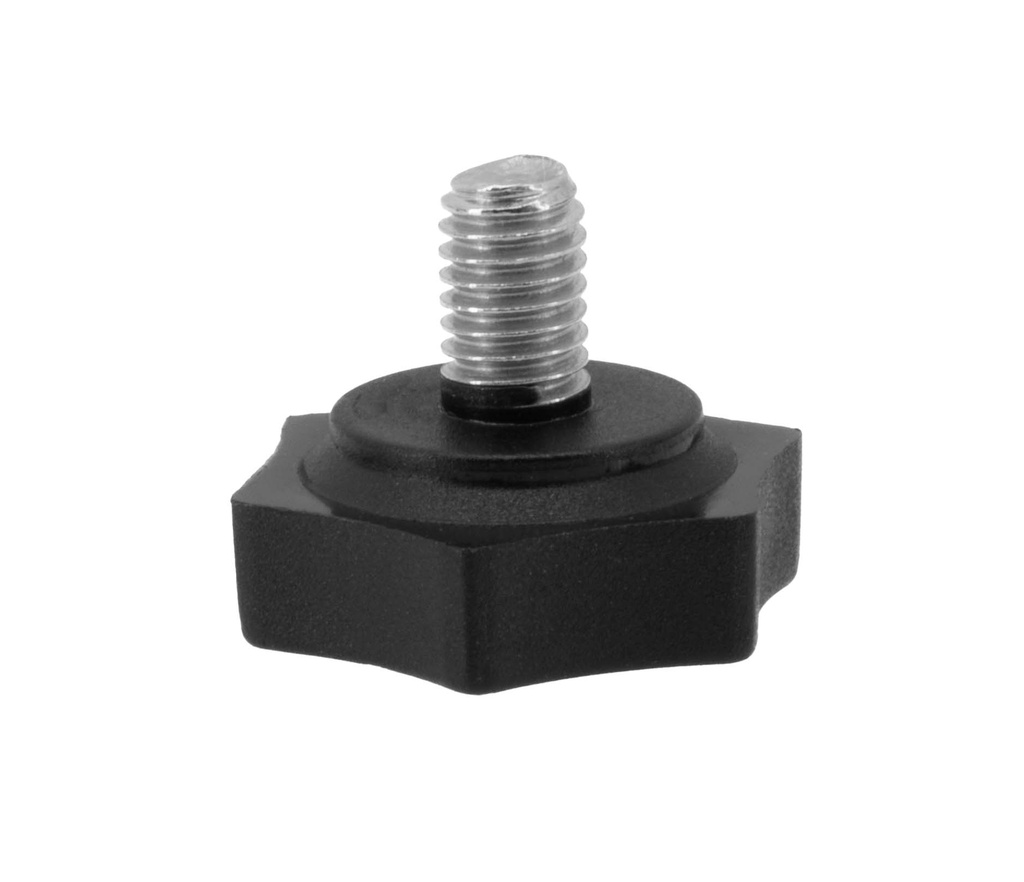 Schwarzer Kunststoffkopf mit Metallgewinde, sternförmig.