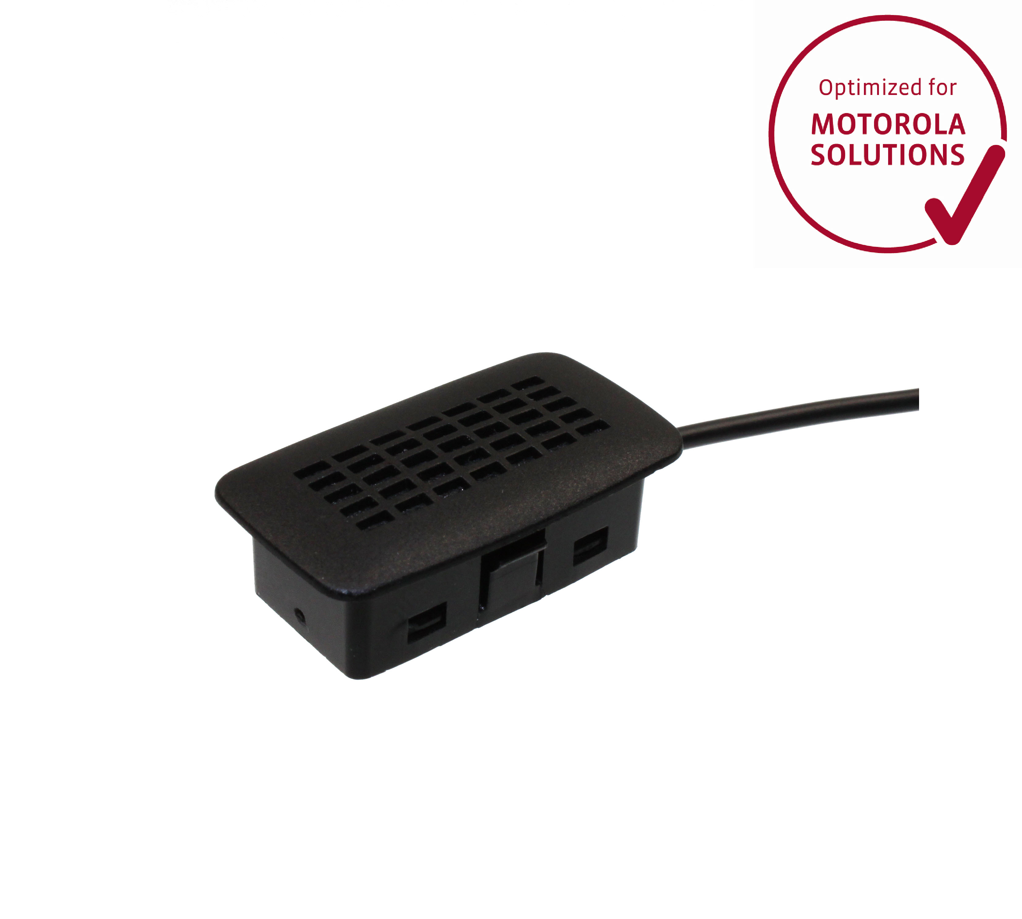 01_6923_00200051_PEI_Optimized_01-1.jpg Schwarzer externer Lautsprecher, Kabelanschluss rechts. Zertifizierung: Optimiert für Motorola Solutions.