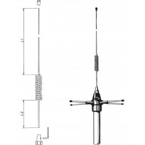 Line drawing of an antenna with spiral coil and dimensions in millimeters.