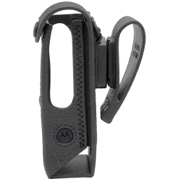 Schwarze Gerätetasche aus Leder mit Gürtelschlaufe für tragbare Geräte.