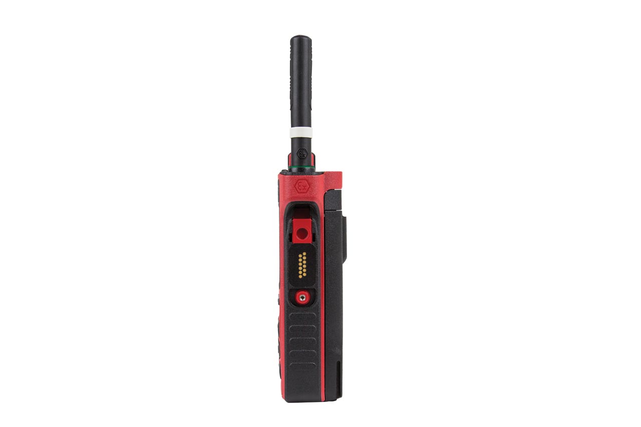 Red and black handheld radio, side view, antenna on top.