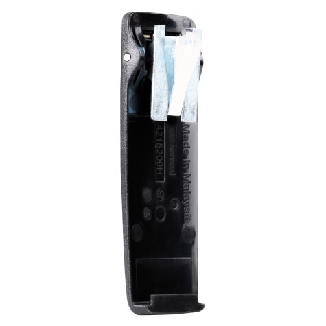 Black strap holder with metal hook, standing vertically.