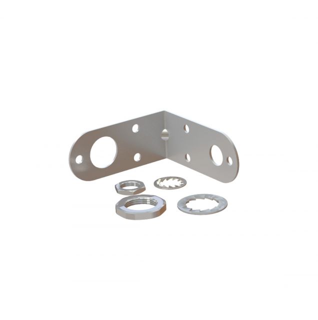 Metal angle bracket with screw hole and five washers in various shapes.