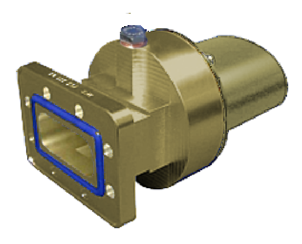 Metal valve with rectangular flange and visible red dot.