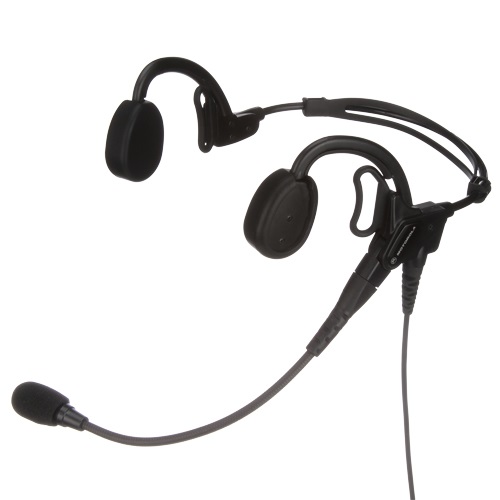 Schwarzes Headset mit Mikrofon an flexiblem Arm. Leichtes Design für professionellen Einsatz.