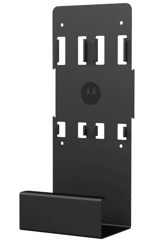 Schwarze Wandhalterung mit fünf Haken und vertiefter Ablagefläche.