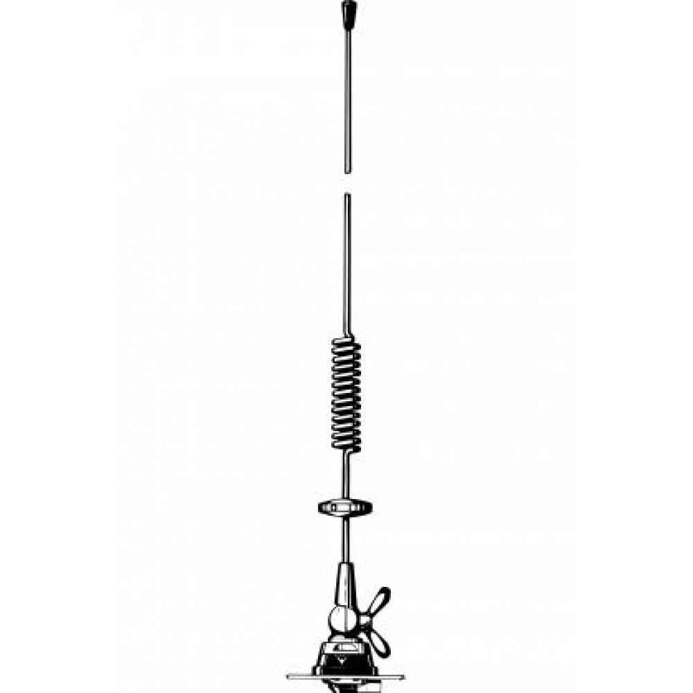 Grafik einer zerlegbaren Funkantenne mit Spirale und Befestigungselement.