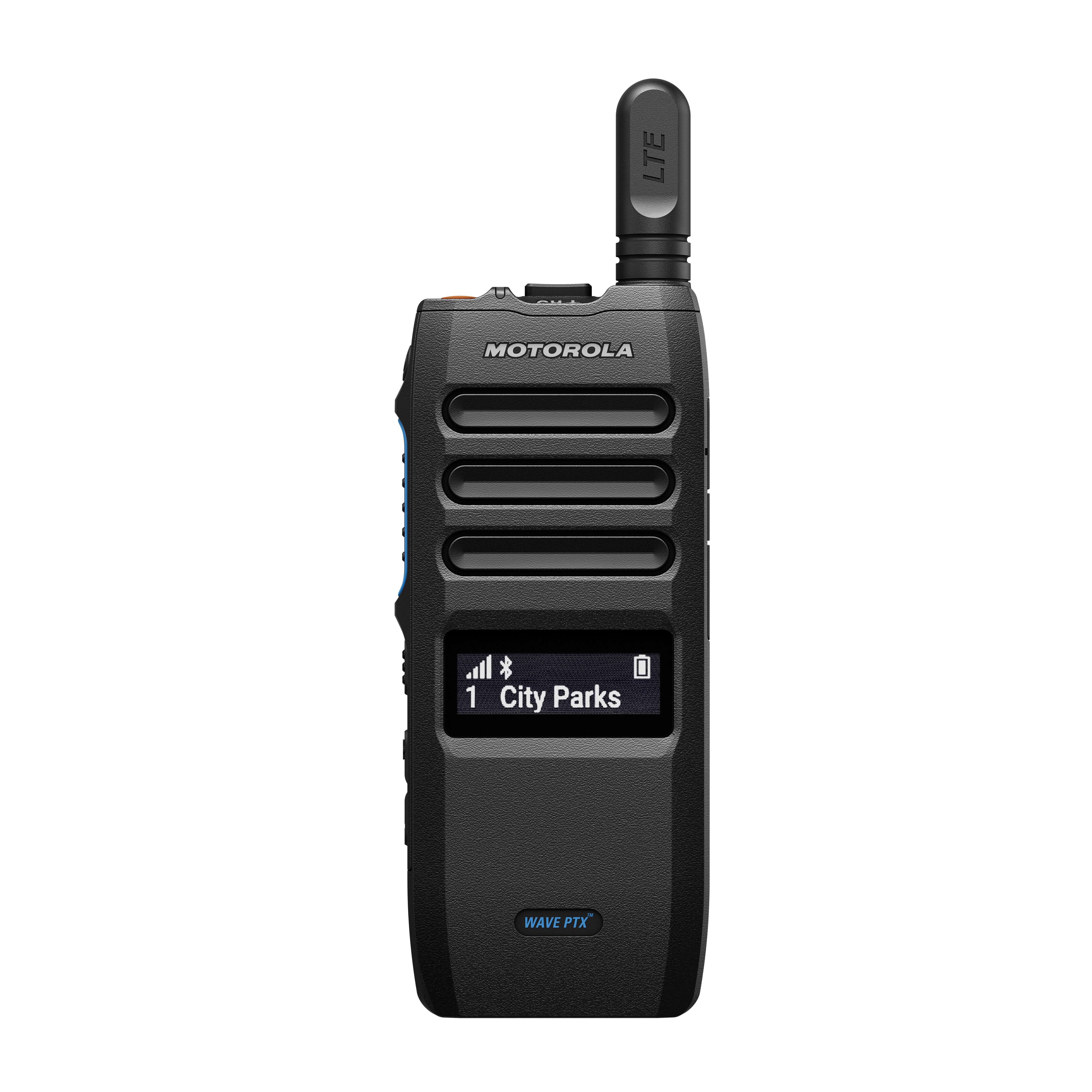 Handfunkgerät TLK110 Radio device with screen displaying 'City Parks', antenna on top.
