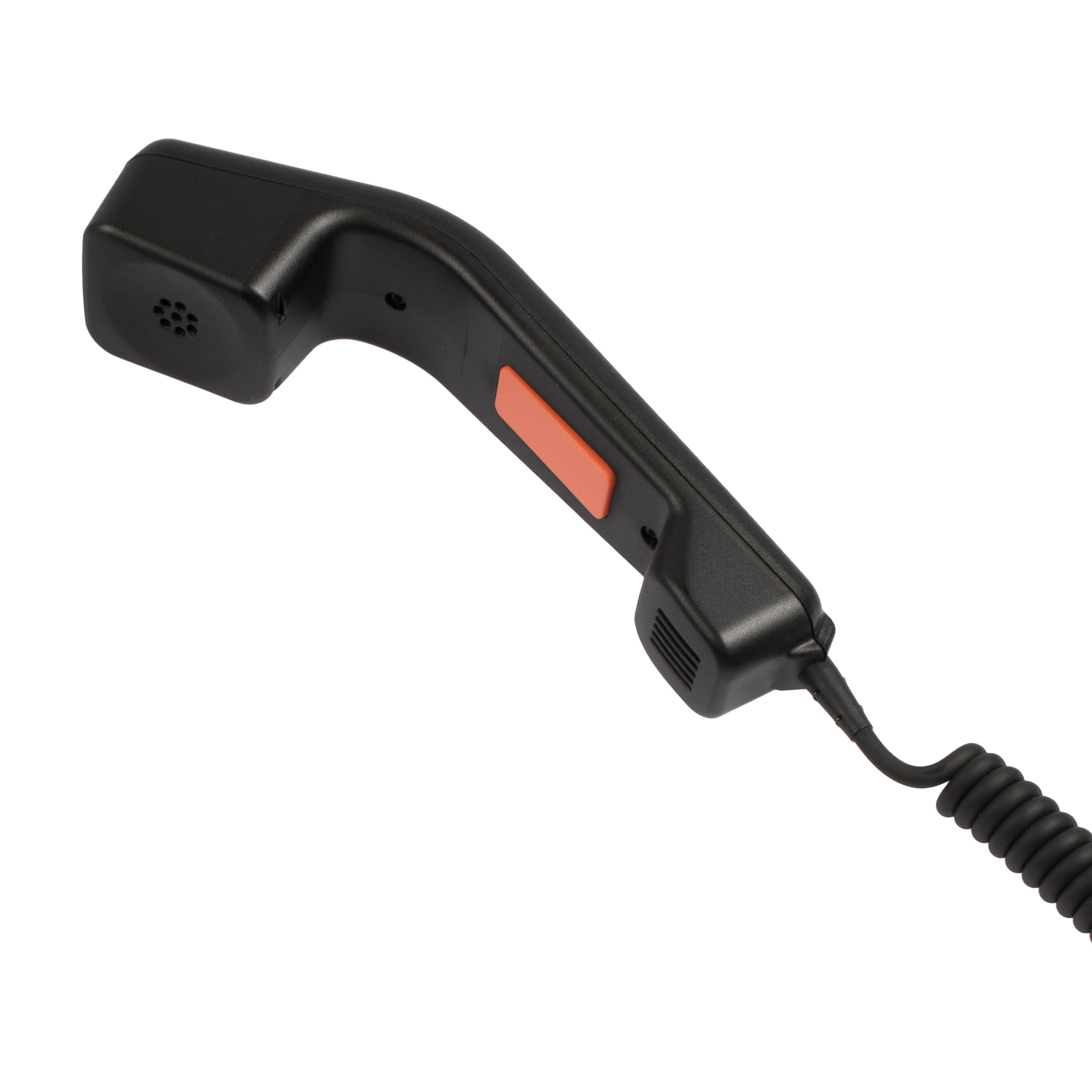 Schwarzer Telefonhörer mit rotem Knopf, spiralförmiges Kabel