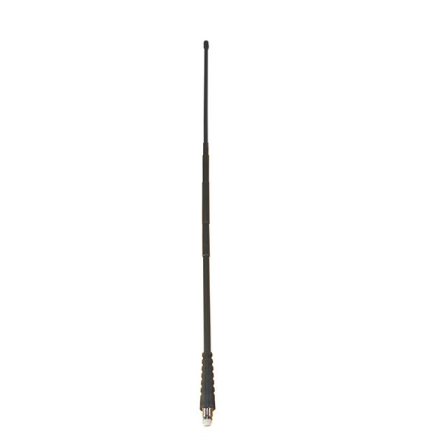 Telescopic antenna with black grip, fully extended.