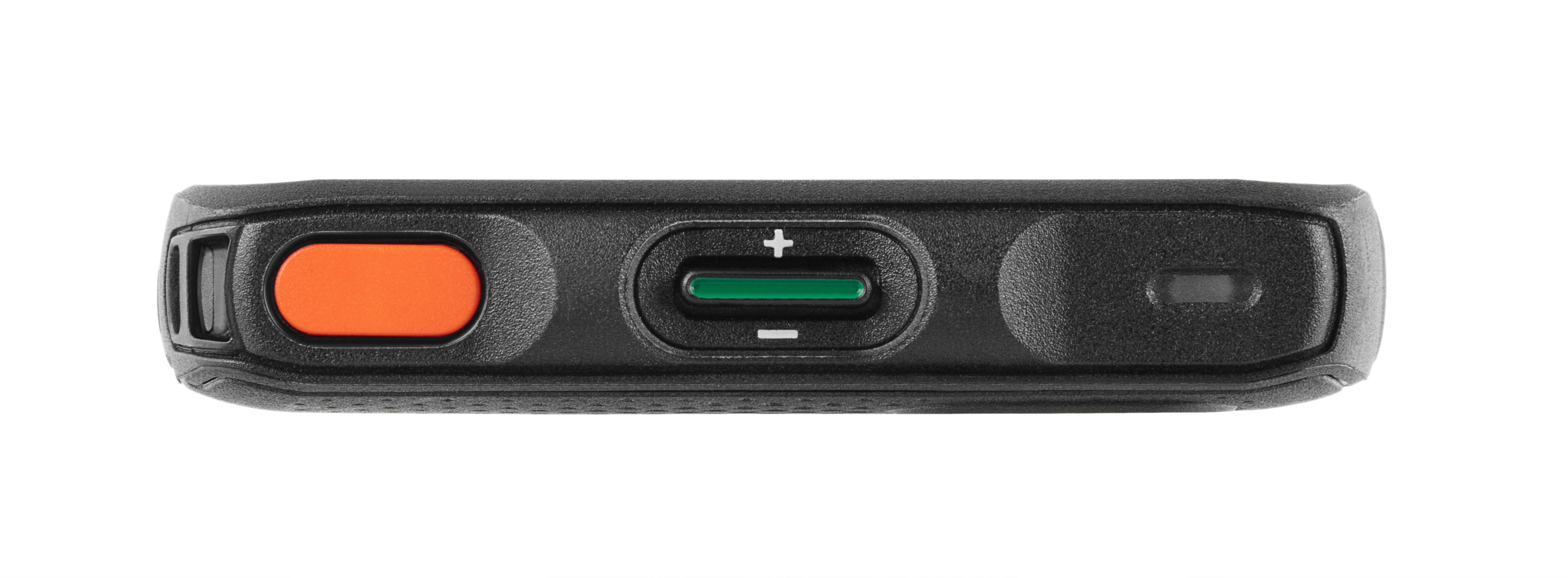 Close-up of a black case with orange button and green port.