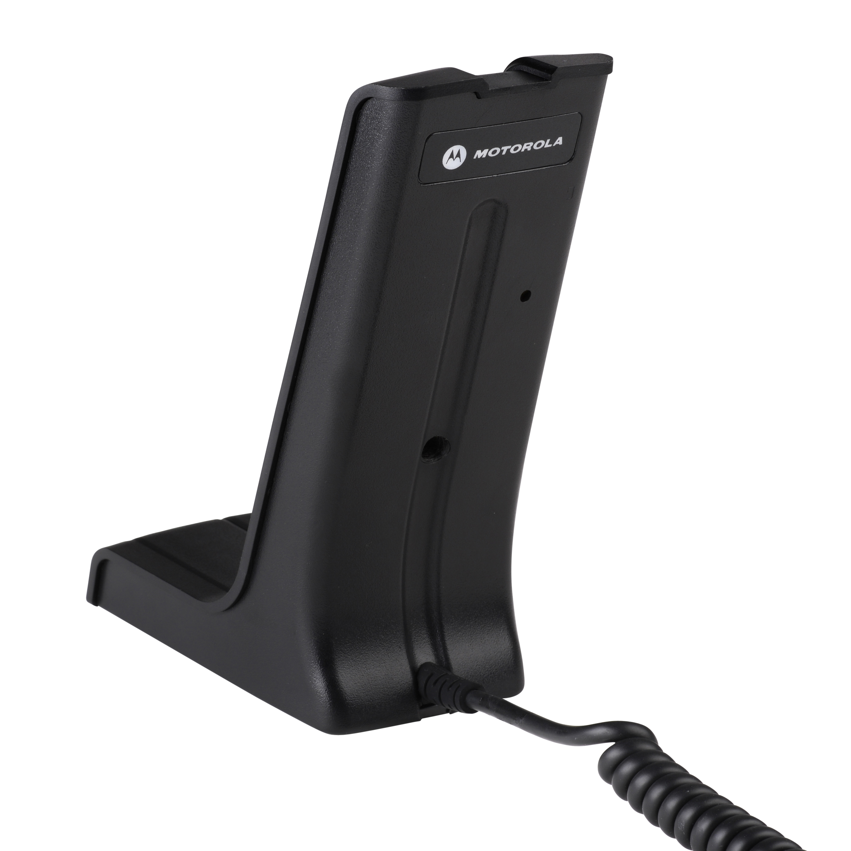 Black docking station with cable, suitable for Motorola devices.