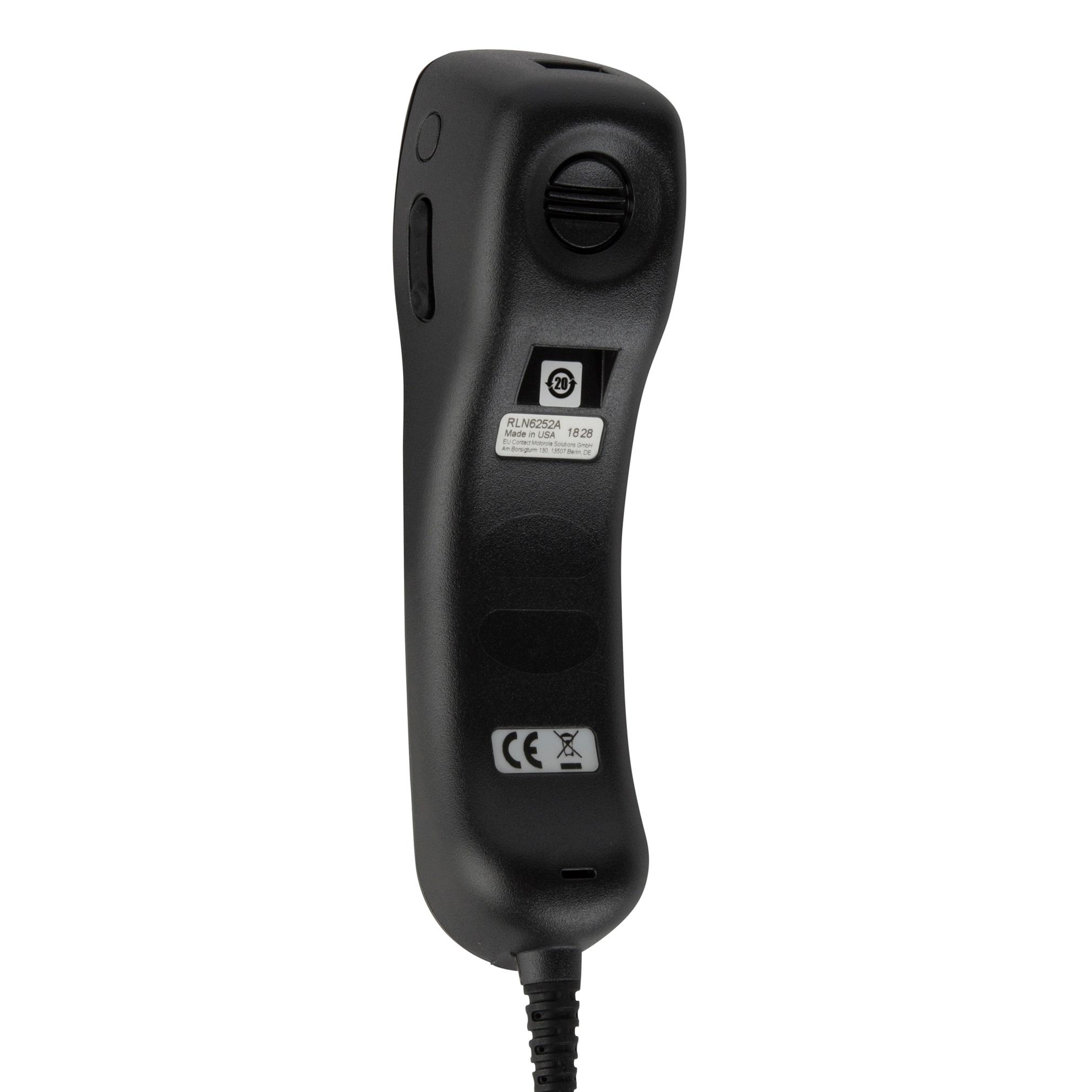 Black telephone handset, rear view with label and CE mark at the bottom.