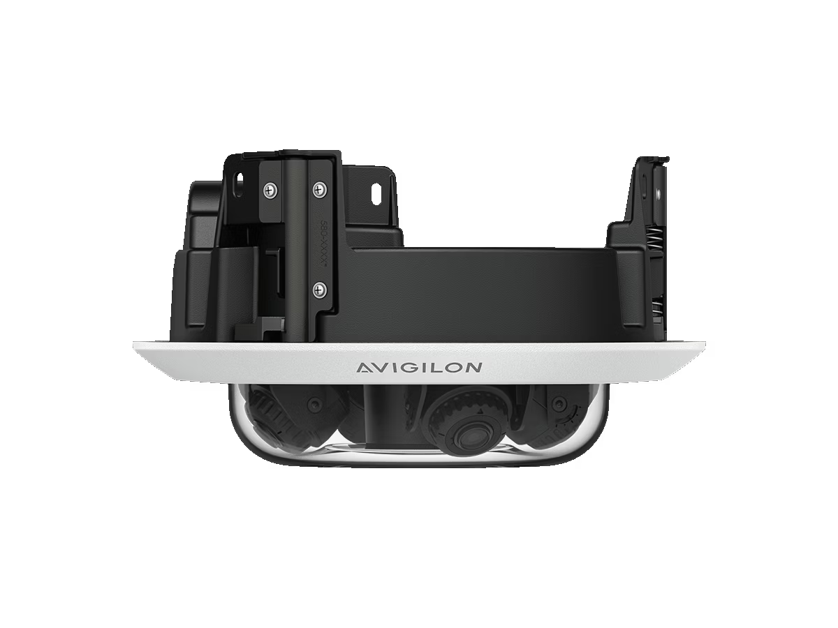 Sicherheitskamera mit rechteckigem Gehäuse, Linsen sichtbar unten.