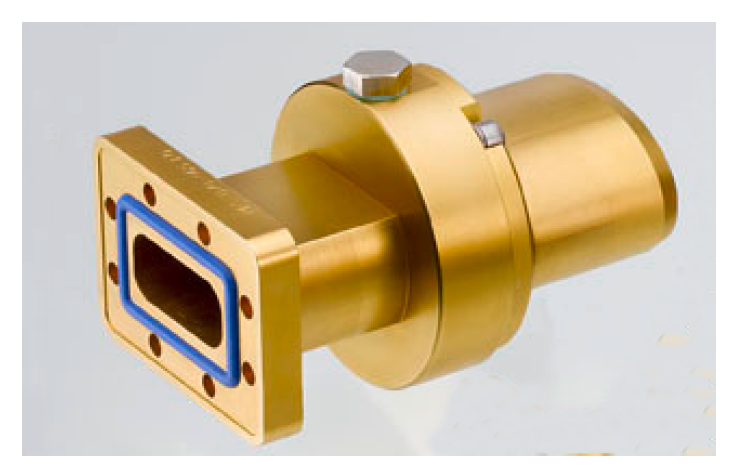 Gold metal component with rectangular flange connection and screw.