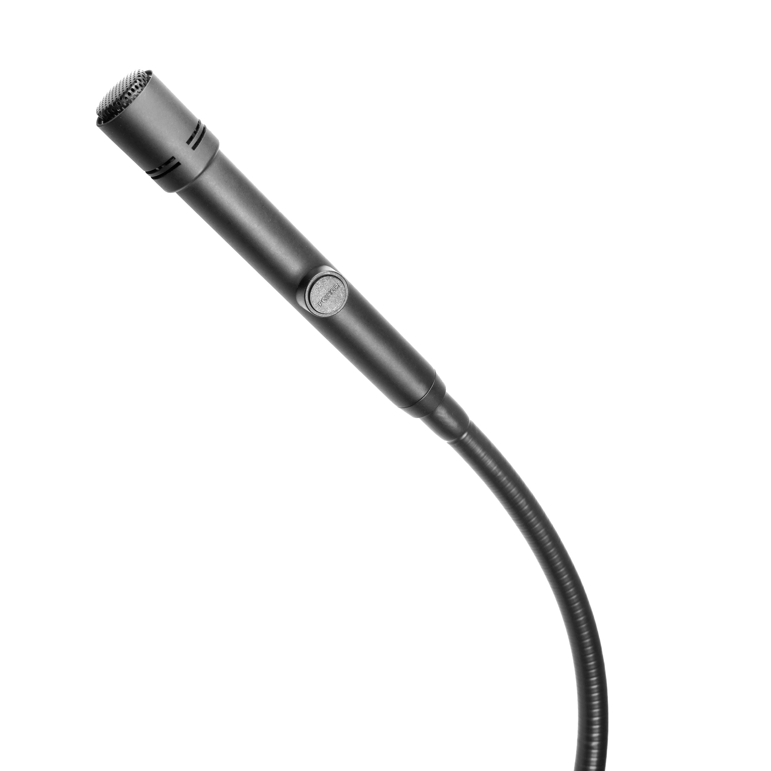 Black gooseneck microphone with matte finish and round switch.