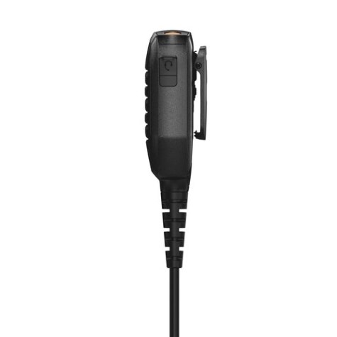 Seitliche Ansicht eines tragbaren Funkgerätemikrofons mit Kabel.