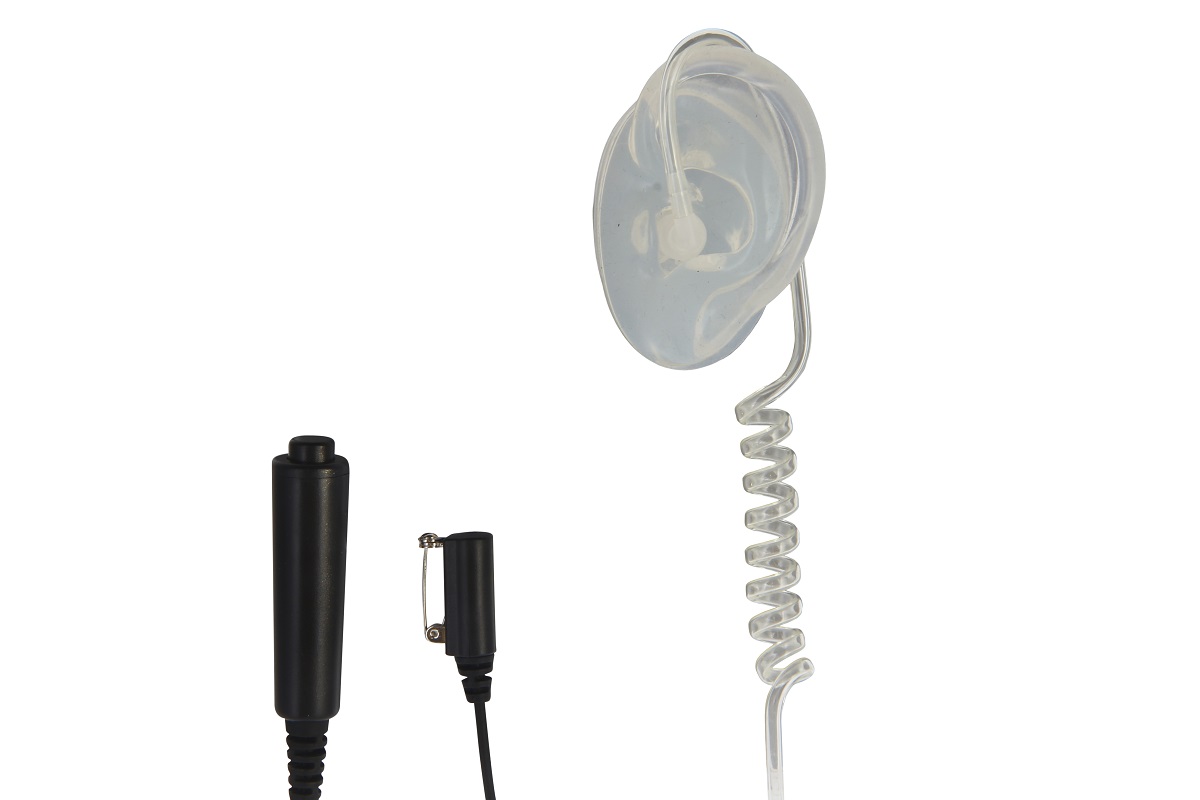 Transparentes Ohrstöpsel-Set mit spiralförmigem Kabel und zwei Steckverbindungen.