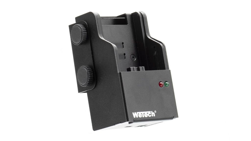 Schwarzes Ladegerät mit zwei Knöpfen und zwei LED-Anzeigen.